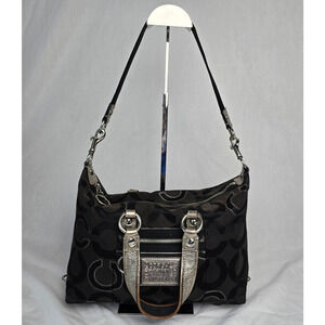 Caoch Poppy OPT Art 15863 Satchel Shoulder Bag Black Silver Signature Jacquard